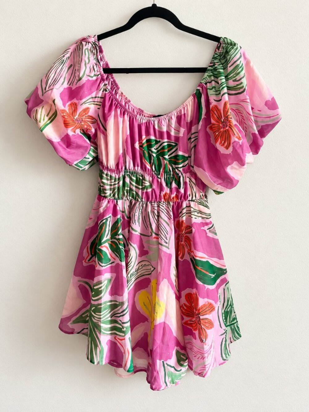 NWT Midnight Doll Pink Tropical Floral Mini Dress Large L Puff Sleeve Smocked